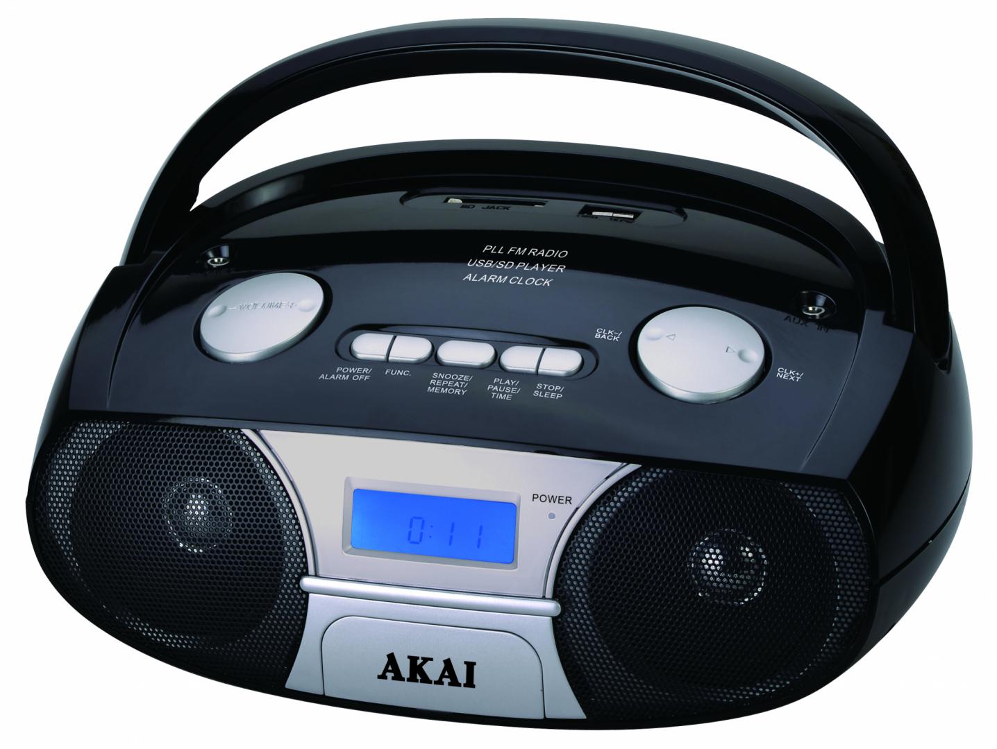 MP3 player portabil Akai, cu bluetooth, radio FM, putere 3W, port USB/slot SD, negru