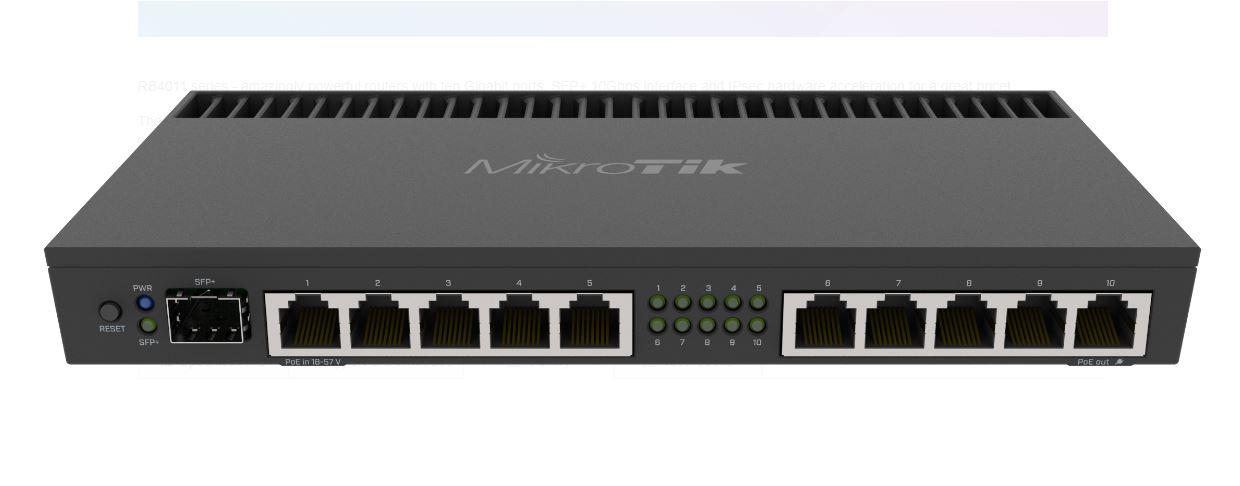 MikroTik RouterBOARD 4011iGS+ with Annapurna Alpine AL21400 Cortex A15CPU (4-cores, 1.4GHz per core), 1GB RAM, 512 MB, 10xGbit LAN, 1xSFP+port, RouterOS L5, desktop case, rackmount ears, PSU