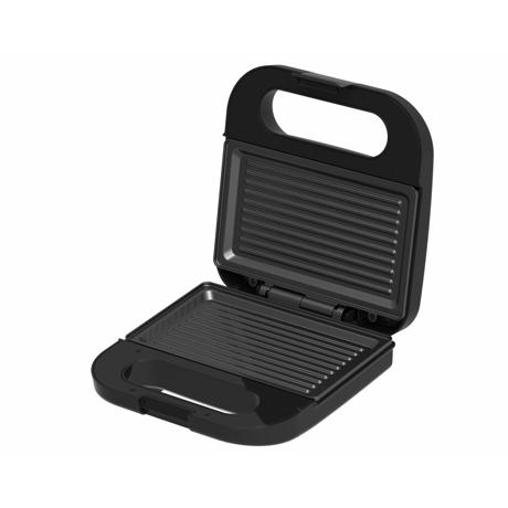 Sandwich maker Heinner SM-K750FGSL, putere: 750W, capacitate: 2 sandwich-uri, placi grill fixe anti-aderente, indicator luminos ON si "gata de folosire", protectie supraincalzire, maner rece, spatiu depozitare cablu alimentare, negru/silver