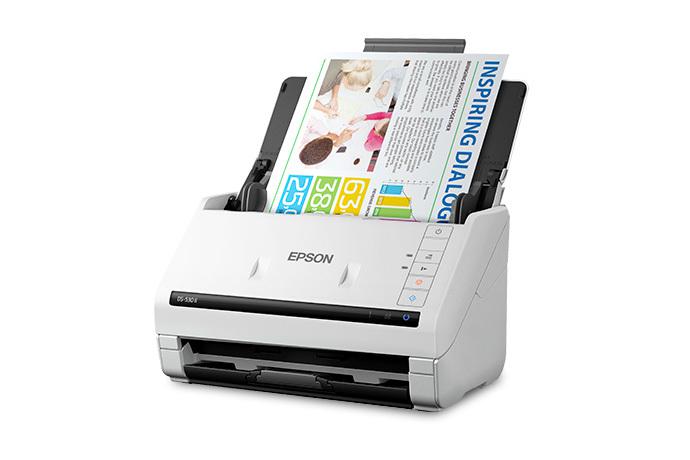 Scanner Epson DS-530II, dimensiune A4, tip sheetfed, viteza scanare: 70 ipm alb-negru si color, rezolutie optica 600x600dpi, ADF Single Pass 50 pagini, duplex, senzor CCD, Scan to Email, Scan to FTP, Scan to Microsoft SharePoint®, Scan to Print, Scan to Web folders, Scan to Network folders, JPEG