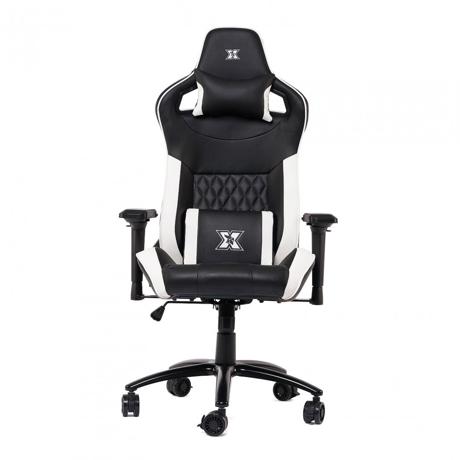 Scaun gaming X by Serioux, Theon, ajustabil, piele sintetica, piston pe gaz, manere reglabile, baza stea cu 5 picioare, greutate maxima admisa 150Kg, perne detasabile, negru/alb