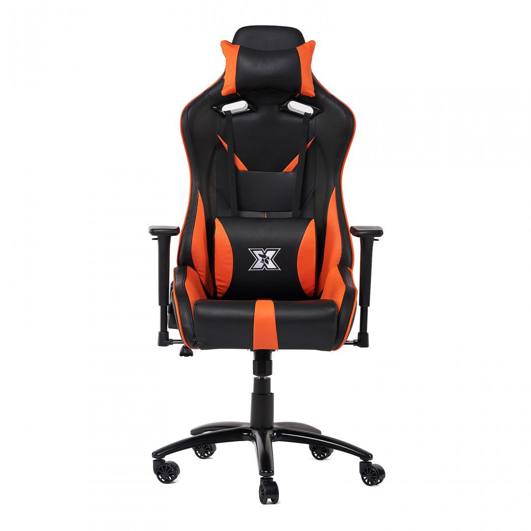 Scaun gaming X by Serioux, Kessian, ajustabil, piele sintetica, piston pe gaz, manere reglabile, baza stea cu 5 picioare, greutate maxima admisa 150Kg, perne detasabile, negru/portocaliu