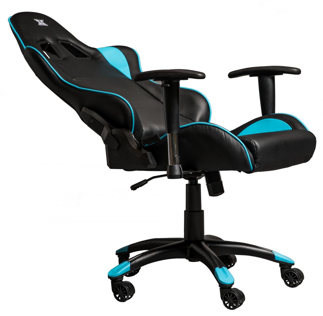 Scaun gaming X by Serioux, Torin, ajustabil, piele sintetica, piston pe gaz, manere reglabile, baza stea cu 5 picioare, greutate maxima admisa 150Kg, perne detasabile, negru si albastru