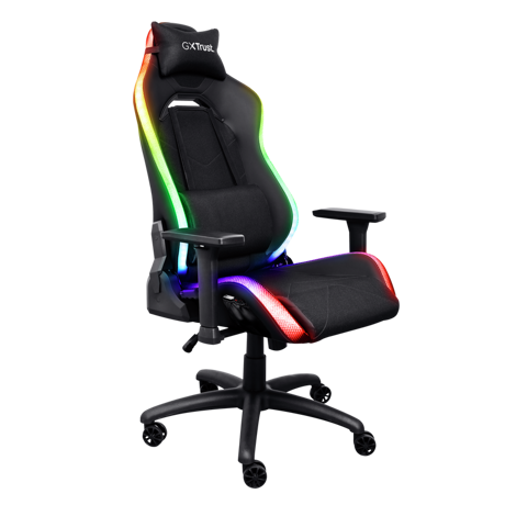 Scaun gaming Trust GXT 719 Ruya, iluminare RGB, 5 roti, ridicare pe gaz clasa 4, adjustabil pe inaltime, material piele PU si plastic, greutate maxima suportata 150 kg, negru