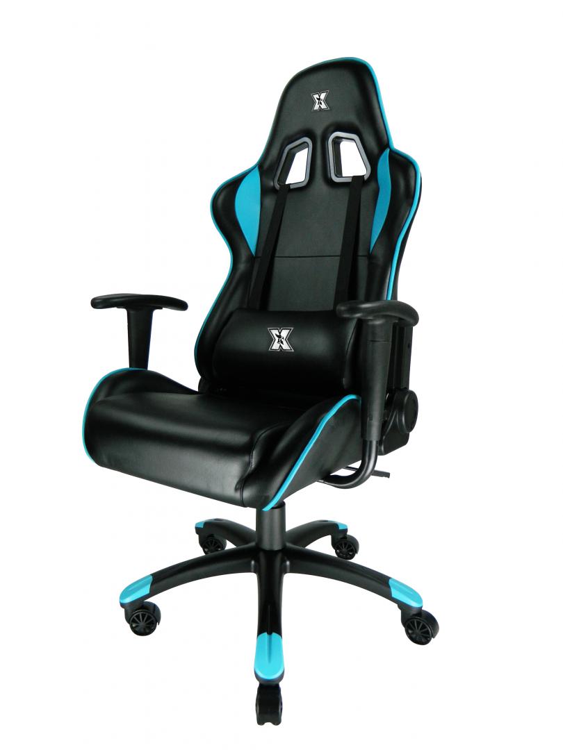 Scaun gaming X by Serioux, Torin, ajustabil, piele sintetica, piston pe gaz, manere reglabile, baza stea cu 5 picioare, greutate maxima admisa 150Kg, perne detasabile, negru si albastru