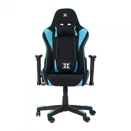 Scaun gaming X by Serioux, Torin, ajustabil, material textil, piston pe gaz, manere reglabile, baza stea cu 5 picioare, greutate maxima admisa 150Kg, perne detasabile, negru si albastru