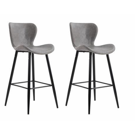 Set of 2 retro bar chairs - Light grey Seat dimensions: 56x48x106 cm Seat depth: 36 cm/Seat width 46 cm/Seat height 72 cm Material: black metal legs, plastic seat covered in ecological leather upholstery, foam filling Maximum weight supported 150kg
