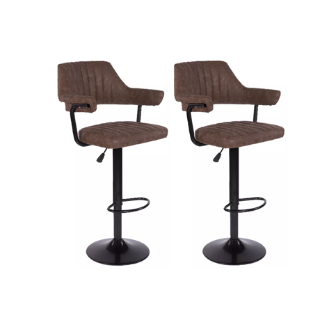 Set of 2 swivel bar stools Vintage Brown Seat dimensions: 52x60x98/118 cm Seat depth: 36 cm / Seat width 42 cm / Adjustable seat height 65-85 cm Material: black metal base with footrest, plastic seat covered in ecological leather upholstery, foam filling. Gas lift mechanism that ensures a good seat