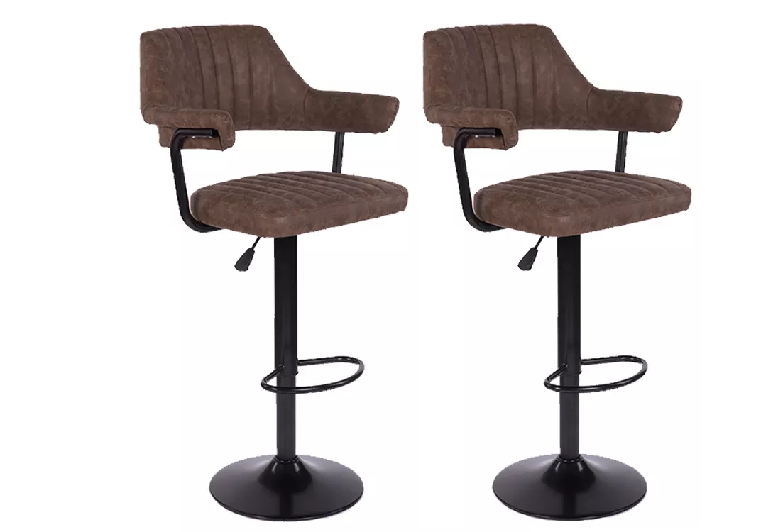 Set of 2 swivel bar stools Vintage Brown Seat dimensions: 52x60x98/118 cm Seat depth: 36 cm / Seat width 42 cm / Adjustable seat height 65-85 cm Material: black metal base with footrest, plastic seat covered in ecological leather upholstery, foam filling. Gas lift mechanism that ensures a good seat