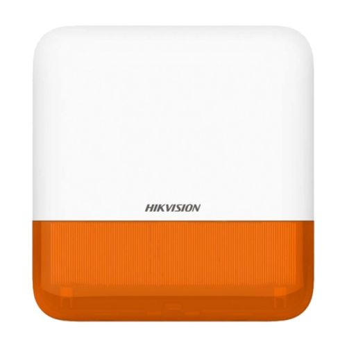Sirene de exterior wireless AXPRO Hikvision DS-PS1-E-WE(Orange Indicator), frecventa de operare: 868 MHz, comunicare bidirectionala Tri-X wireless protocol, distanta de comunica RF: 1600metri, criptare: AES-128, 2 x tamper, Strobe light BLUE, nivel sonor: 110 dB, 3 tipuri de sonerii de alarma