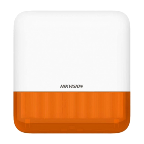 Sirene de exterior wireless AXPRO Hikvision DS-PS1-E-WE(Orange Indicator), frecventa de operare: 868 MHz, comunicare bidirectionala Tri-X wireless protocol, distanta de comunica RF: 1600metri, criptare: AES-128, 2 x tamper, Strobe light BLUE, nivel sonor: 110 dB, 3 tipuri de sonerii de alarma