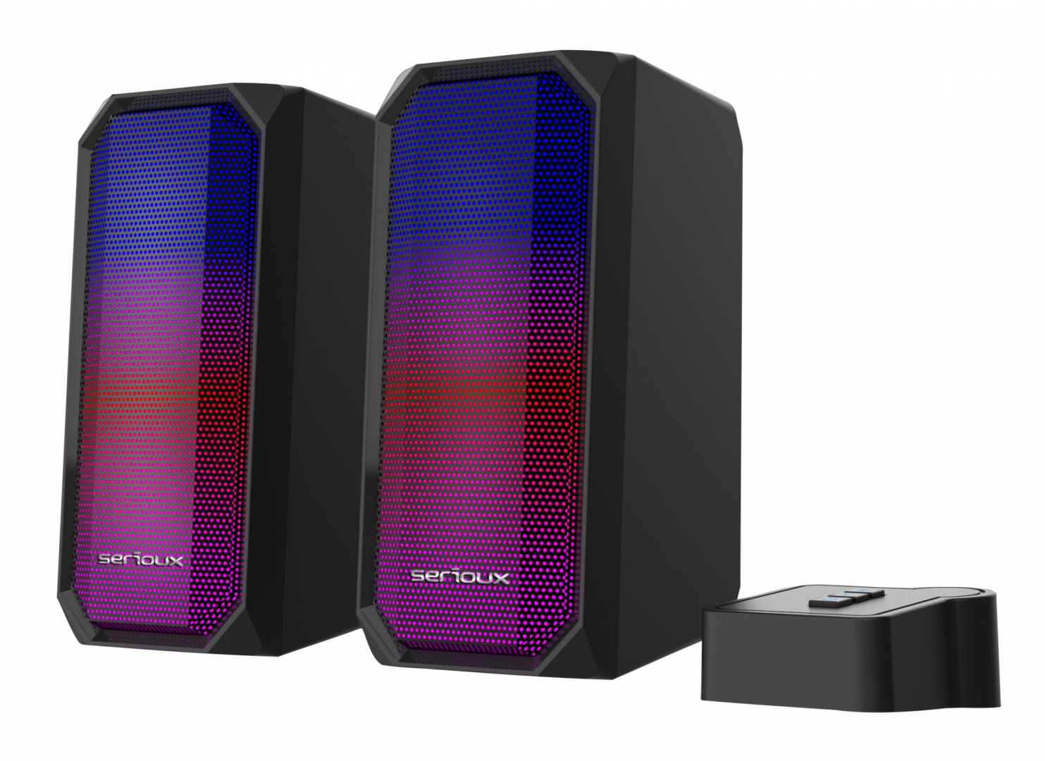 Boxe gaming 2.0 Serioux Kyro RGB, Functie Dual Mode Bluetooth, putere: 3W x 2, impedanță: 4Ω, frecvență: 150Hz - 20KHz, sensibilitate : 650mv± 50mv, alimentare: DC5V / 1A, S / N: ≥75dB, dimensiunea driverului: 2,5 inch x 2, conexiune: 3.5mm jack TRS, RGB : 6 moduri de lumină, cablu USB & audio: 1.2m