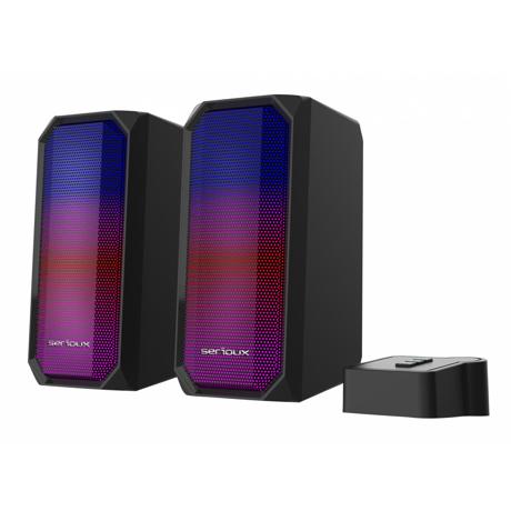 Boxe gaming 2.0 Serioux Kyro RGB, Functie Dual Mode Bluetooth, putere: 3W x 2, impedanță: 4Ω, frecvență: 150Hz - 20KHz, sensibilitate : 650mv± 50mv, alimentare: DC5V / 1A, S / N: ≥75dB, dimensiunea driverului: 2,5 inch x 2, conexiune: 3.5mm jack TRS, RGB : 6 moduri de lumină, cablu USB & audio: 1.2m