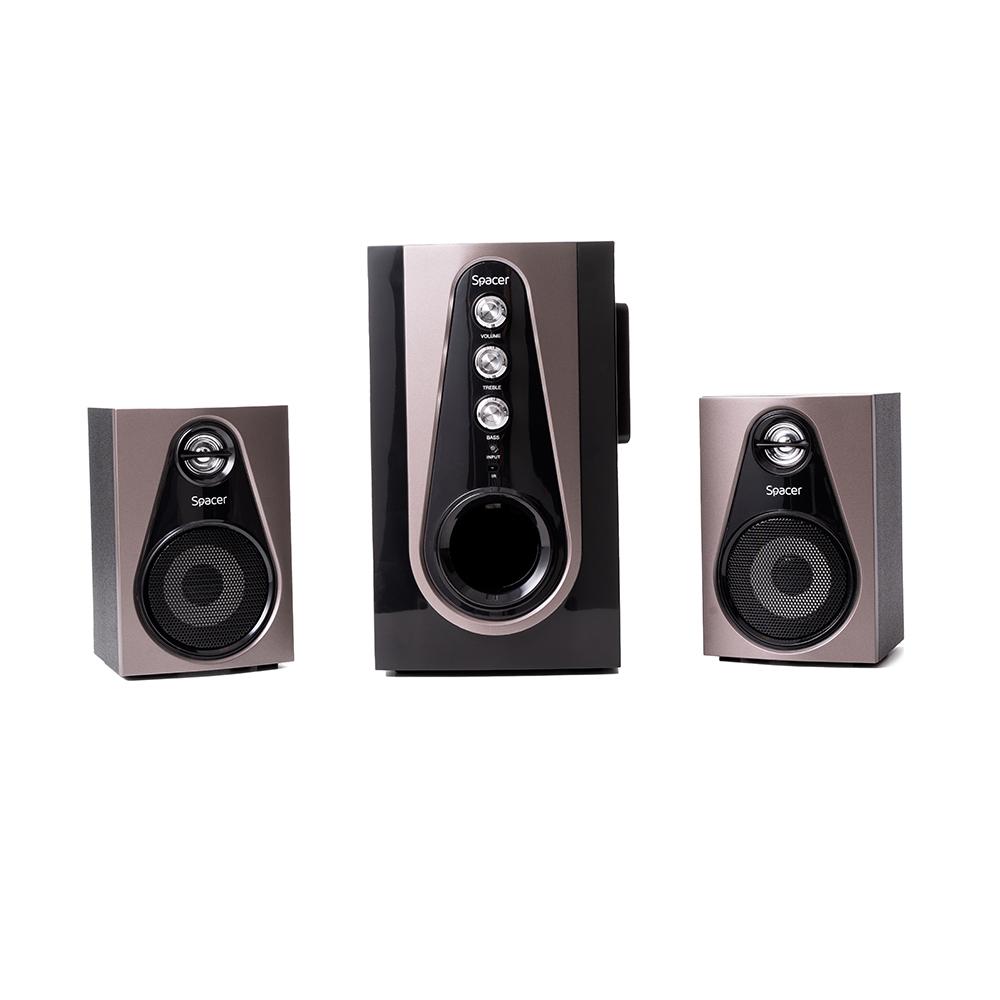 Boxe Spacer 2.1, 30W RMS ( 2x 5W + 20W), alimentare 220V, conectori Bluetooth, USB, Jack 3.5mm, Radio FM, SD, RCA, contine telecomanda wireless, negru