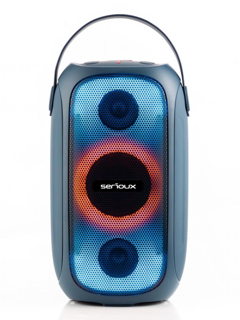 Boxa portabila Serioux PartyBoom, putere RMS: 55W, raport S/N  >70dB, T.H.D.: <0.3%, frecventa : 40Hz~20KHz, baterie: 7.4V 3600Mah , functie TWS, functie Extra Bass, 8 moduri de iluminare RGB , IPX5 Waterproof/Bluetooth/USB/TF card/AUX