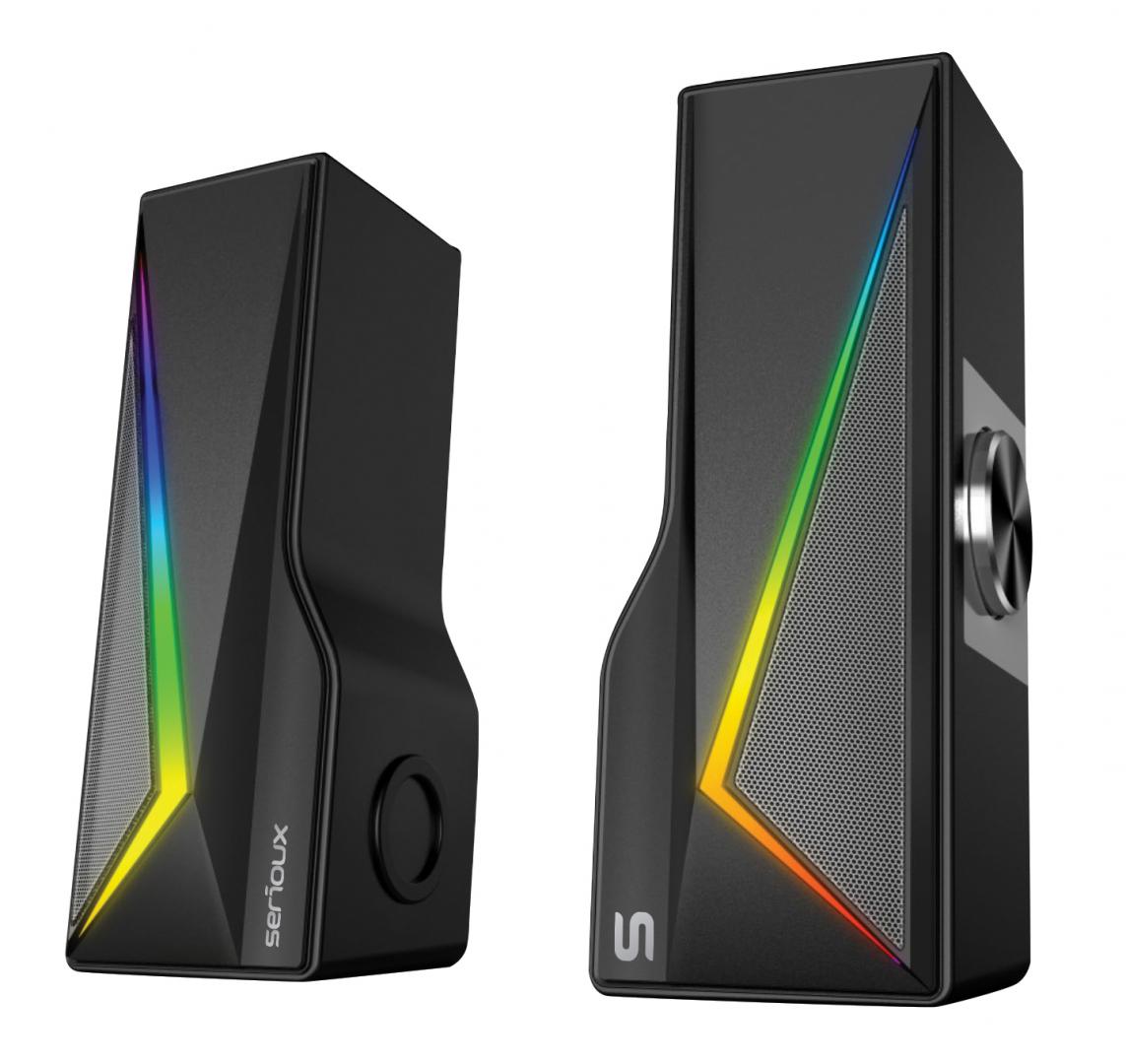 Boxe gaming 2.0 Blys RGB,  functie Dual Mode Bluetooth , putere: 3W x 2, impedanță: 4Ω, frecvență: 200Hz - 16KHz, sensibilitate: 650mv±50mv, alimentare: DC5V / 1A, S/N:≥85dB, dimensiunea driverului: 2 inch x 2, Conexiune: 3.5mm jack TRS, RGB : 6 moduri de lumină, cablu USB & audio: 1.2m