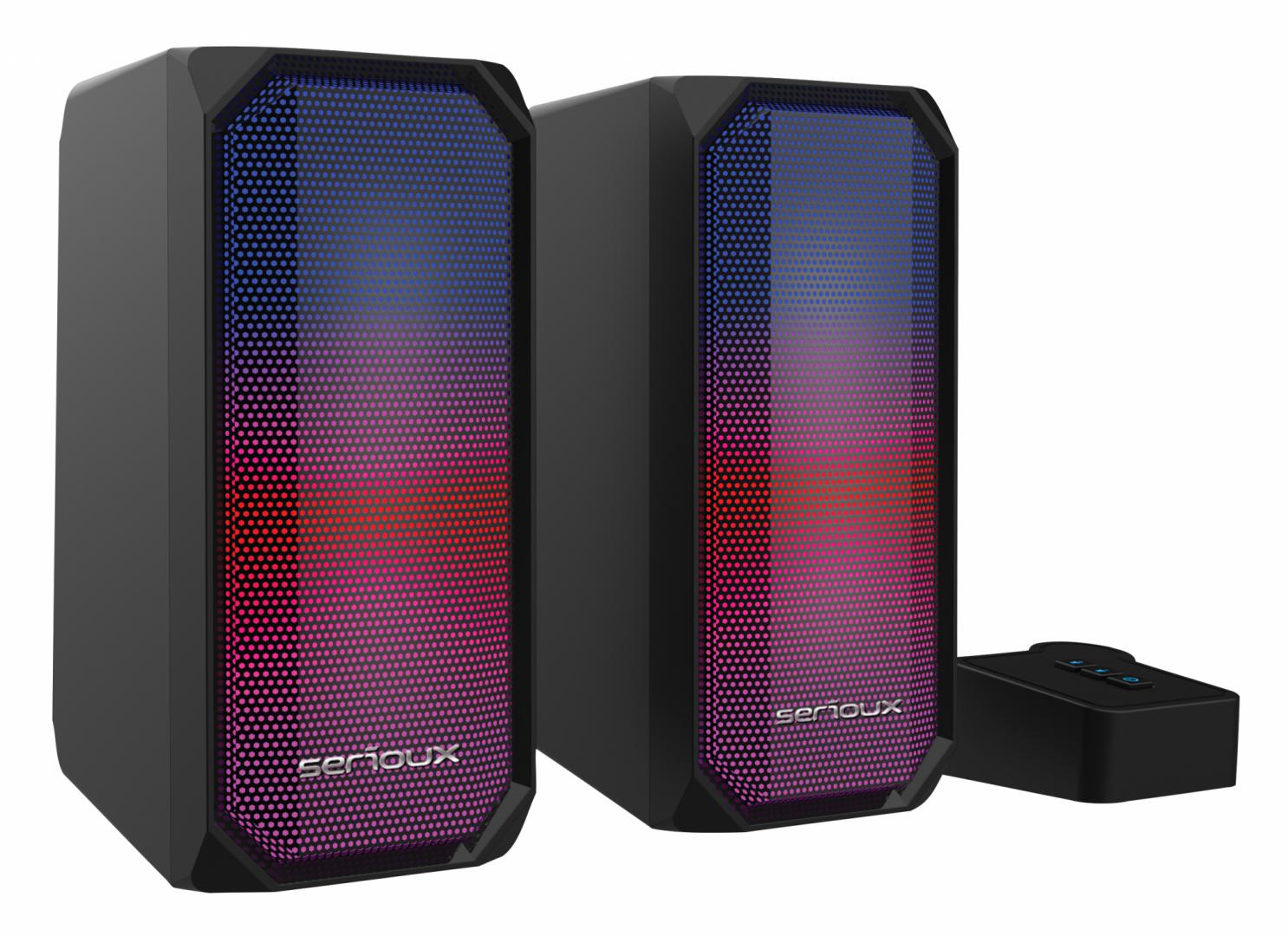 Boxe gaming 2.0 Serioux Kyro RGB, Functie Dual Mode Bluetooth, putere: 3W x 2, impedanță: 4Ω, frecvență: 150Hz - 20KHz, sensibilitate : 650mv± 50mv, alimentare: DC5V / 1A, S / N: ≥75dB, dimensiunea driverului: 2,5 inch x 2, conexiune: 3.5mm jack TRS, RGB : 6 moduri de lumină, cablu USB & audio: 1.2m