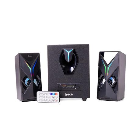 Boxe Spacer Gaming 2.1, 14W RMS ( 2x3W + 8W), bluetooth, telecomanda wireless, control volum, subwoofer lemn MDF, 220V alimentare, USB/SD/AUX/radio FM, negru