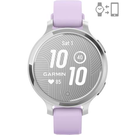 Ceas Garmin Lily 2 Active, display AMOLED, dimensiune afisaj 25,4 mm x 21,3 mm, rezolutie afisaj 240 x 201 pixeli, memorie 8GB, autonomie pana la 9 zile, rezistanta la apa pana la 5 ATM, greutate: 24,4g, ramă Argintiu, şi curea Purple Jasmine din silicon