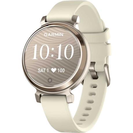 Ceas Garmin Lily 2 Classic, display AMOLED, dimensiune afisaj 35.4 mm, rezolutie afisaj 240 x 201 pixeli, memorie 8GB, autonomie pana la 5 zile, rezistanta la apa pana la 5 ATM, greutate: 24,4g, ramăCrem auriu, curea cafenie din material textil