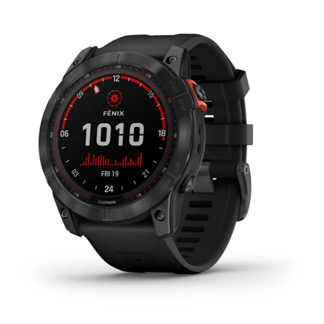 Ceas Garmin fenix 7X Solar, functii ceas, sincronizare ora GPS, ceas destaptator, temporizator, cronometru, monitorizarea sanatatii, puls masurat la incheietura mainii, saturatie de oxigen in sange, contorizare somn, senzori GPS, GLONASS, GALILEO, altimetru, giroscop, Slate Gray w/Black Band