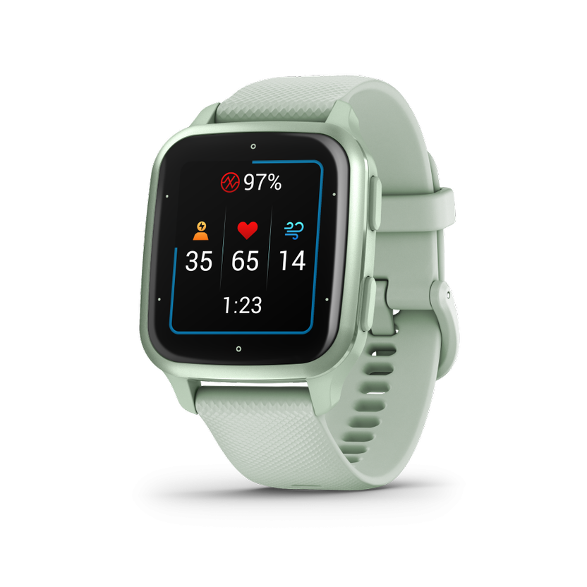 Ceas Smartwatch Garmin Venu SQ2 Metallic Mint Bezel with Cool Mint Case, Silicone Band 20mm, NFC, GPS, 5 ATM Water Proof