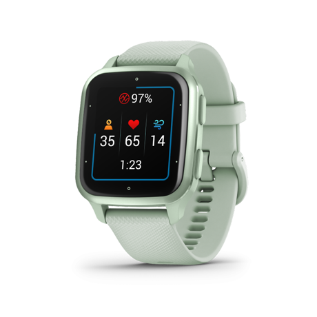 Ceas Smartwatch Garmin Venu SQ2 Metallic Mint Bezel with Cool Mint Case, Silicone Band 20mm, NFC, GPS, 5 ATM Water Proof