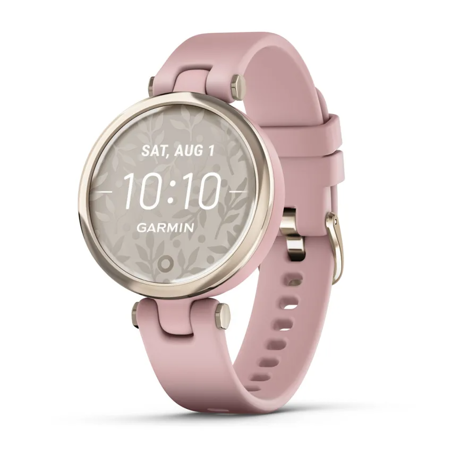 Ceas Garmin Lily editia Sport, display AMOLED, dimensiune afisaj 34.5 mm, rezolutie afisaj 240 x 201 pixeli, memorie 8GB, autonomie pana la 5 zile, rezistanta la apa pana la 5 ATM, greutate: 24g, Ramă Cream Gold cu carcasă Dust Rose şi curea din silicon