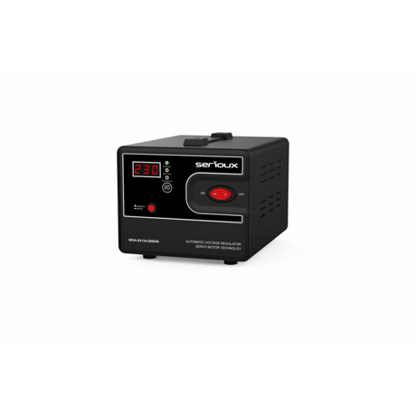 Stabilizator de tensiune Serioux Servo 124-2000VA, putere 2000VA/1200W, tip servo motor, transformator toroidal+ Servo motor, interval tensiune intrare 150V ~ 260V, interval frecvența intrare 45Hz ~ 65Hz, tensiune de ieșire 230V, precizie de ieșire ±3%, prize: 2x Schuko, distorsiuni  <3%, eficienţă