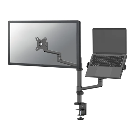 Suport dublu laptop de birou Neomounts DS20-425BL2; pentru display-uri cu diagonale 17"-27", sistem de prindere VESA 75x75~100x100, greutate maxima suportata 8kg, tilt +90°, -30°, swivel 90°, rotate 360°, distanta fata de perete 162-494mm; inaltime reglabila manual 275-555mm; culoare negru. Garantie