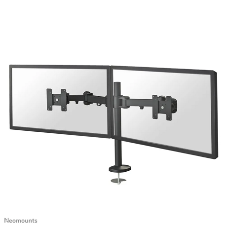 Neomounts by Newstar full motion dual desk mount (grommet) for two 10- 27" monitor screens, height adjustable - Black  General Min. screen size*: 10 inch Max. screen size*: 27 inch Min. weight: 0 kg (per screen) Max. weight: 8 kg (per screen) Screens: 2 VESA pattern: 75x75, 100x100 mm VESA minimum