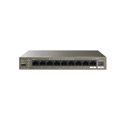 Tenda switch TEG1110PF-8-102W, 9GE+1SFP Ethernet Switch, 8-Port PoE, interfata: 8 * 10/100/1000 Mbps Base-T Ethernet ports (Data/Power), 1 * 10/100/1000 Mbps Base-T Ethernet port (Data), 1 * 100/1000 Mbps Base-X SFP port, standarde retea: IEEE 802.3 IEEE 802.3u, IEEE 802.3ab, IEEE 802.3x, IEEE