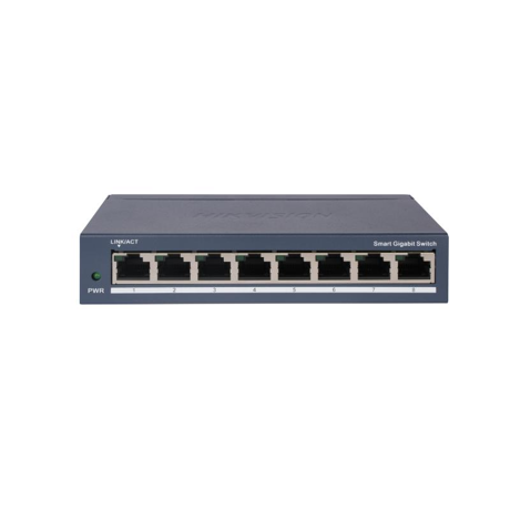 Switch 8 porturi Gigabit Hikvision DS-3E1508-EI(V2), L2, Smart Managed, 8 ×gigabit RJ45 porturi, switching capacity 16 Gbps, network topology management, alarm push, network health monitor, material metal, dimensiuni: 170 mm × 27.6 mm × 93.1 mm, greutate: 0.36 kg