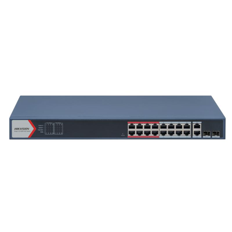 Switch 16 porturi POE Hikvision DS-3E1318P-EI(B), L2, Smart Managed, 16 × 100 Mbps PoE RJ45 ports si 2 × porturi gigabit, Putere PoE 230W, maxim 30W per port, Extend mode - pana la 300 metri,  Switching capacity 7.2 Gbps, Visualized Topology Management, Network Health Monitor, Real-Time Alarm Push