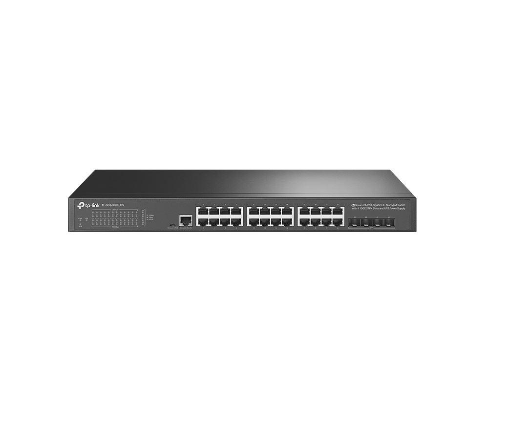 Switch TP-Link TL-SG3428X-UPS, Jetstream, managed L2+, 24× 10/100/1000 Mbps RJ45, 4× 10G SFP, 1× RJ45 Console Port, 1× Micro-USB Console Port, UPS power supply, Fanless, Rack Mountable, Switching Capacity 128 Gbps, Packet Forwarding Rate 95.23 Mpps.