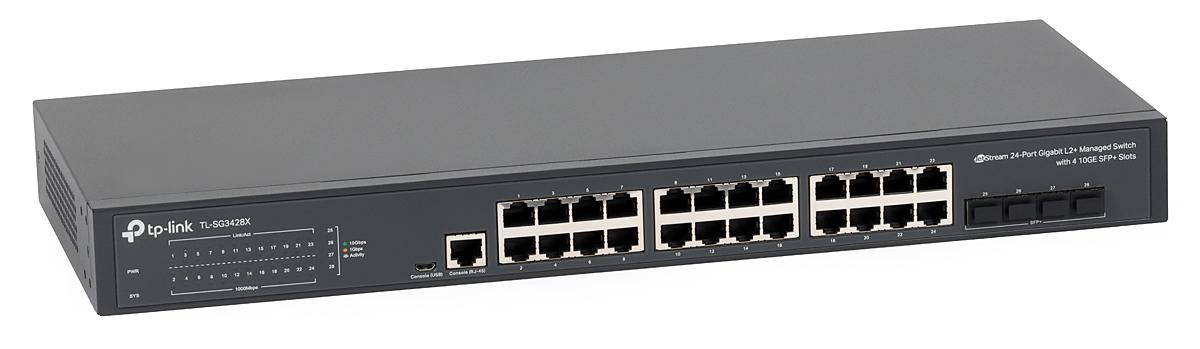 Switch TP-Link TL-SG3428X, Jetstream, managed L2+, 24× 10/100/1000 Mbps RJ45, 4× 10G SFP, 1× RJ45 Console Port, 1× Micro-USB Console Port, Fanless, Rack Mountable, Switching Capacity 128 Gbps, Packet Forwarding Rate 95.23 Mpps.
