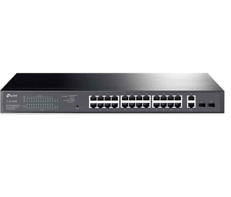 TP-LINK 28-Port Gigabit Easy Smart Switch with 24-Port PoE+, Standarde și Protocoale: IEEE 802.3, IEEE 802.3u, IEEE 802.3ab, IEEE 802.3x, IEEE 802.3af, IEEE 802.3at, IEEE 802.1q, IEEE 802.1p, Interfață: 26 10/100/1000 Mbps RJ45 Ports, 2 Gigabit SFP Ports, 2 x ventilatoare, dimensiuni: 440 × 220 × 44