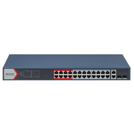 Switch 24 porturi Hikvision DS-3E1326P-EI(B), L2, Smart Managed, 24 × 10/100 Mbps PoE RJ45 ports si 2 × gigabit combos, Putere PoE 370W, Extend mode - pana la 300 metri, maxim 30W per port, Switching capacity 8.8 Gbps, Network topology management, alarm push, network health monitor, video control