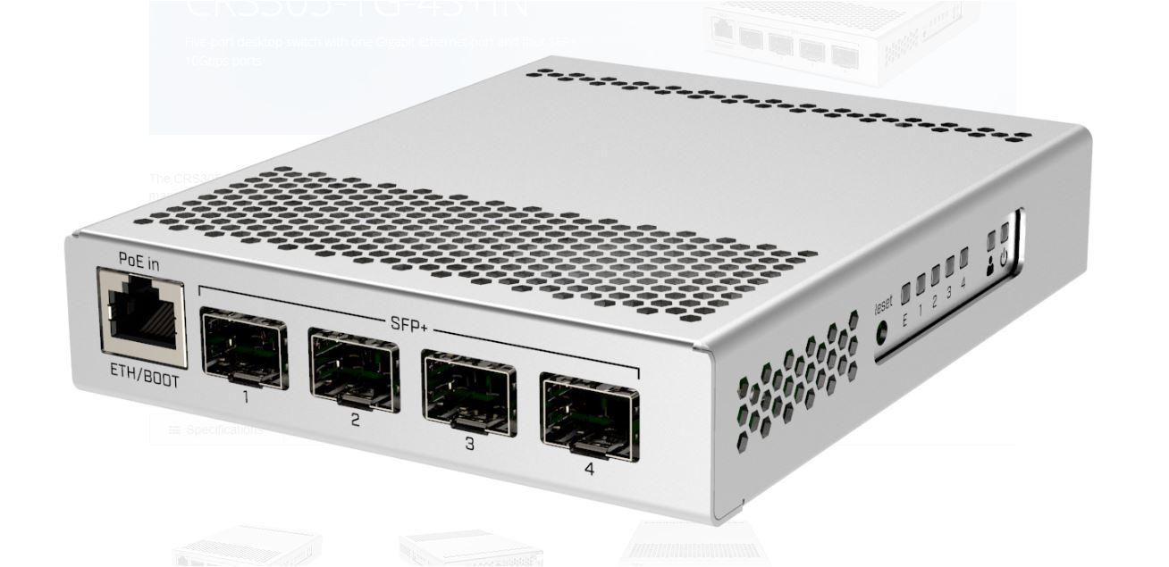 Mikrotik CRS305-1G-4S+OUT FIBERBOX PLUS, Procesor: 800 MHz dual core, Sistem operare: RouterOS v7 / SwOS, 256Mb RAM, 16MB Flash, POE in 802.3af/at 42-57 V, interfata: 1 x 10/100/1000, 4 x SFP, Wwatherproof: IP66.