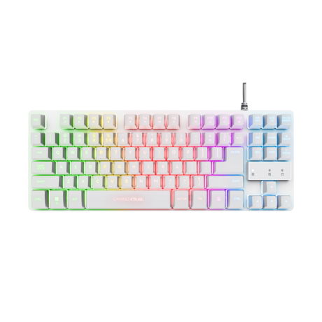 Tastatura Trust cu fir GXT833W Thado, numar butoane 87, interfata USB 2.0, conector USB-A male, compatibila cu PS4, Xbox One, Nintendo Switch, PS5, alb TR-24737