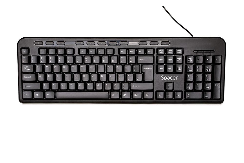 Tastatura Spacer SPKB-169 cu fir, USB, multimedia, 104 taste + 11 taste multimedia, anti-spill, negru