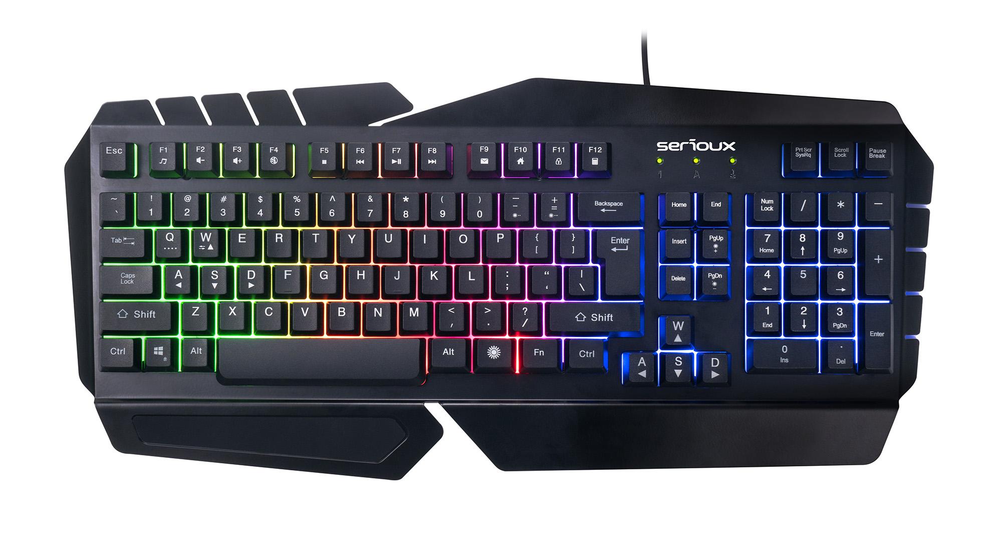 Tastatura gamig Serioux Andor, 104 taste, 19 taste Anti-ghosting , design ergonomic, iluminare rainbow, structura metalica neagra, taste negre, design cu palm rest, cablu USB 1.5M PVC, plug and play, compatibila cu Windows 2000/XP/9X/VISTA/7/8/10