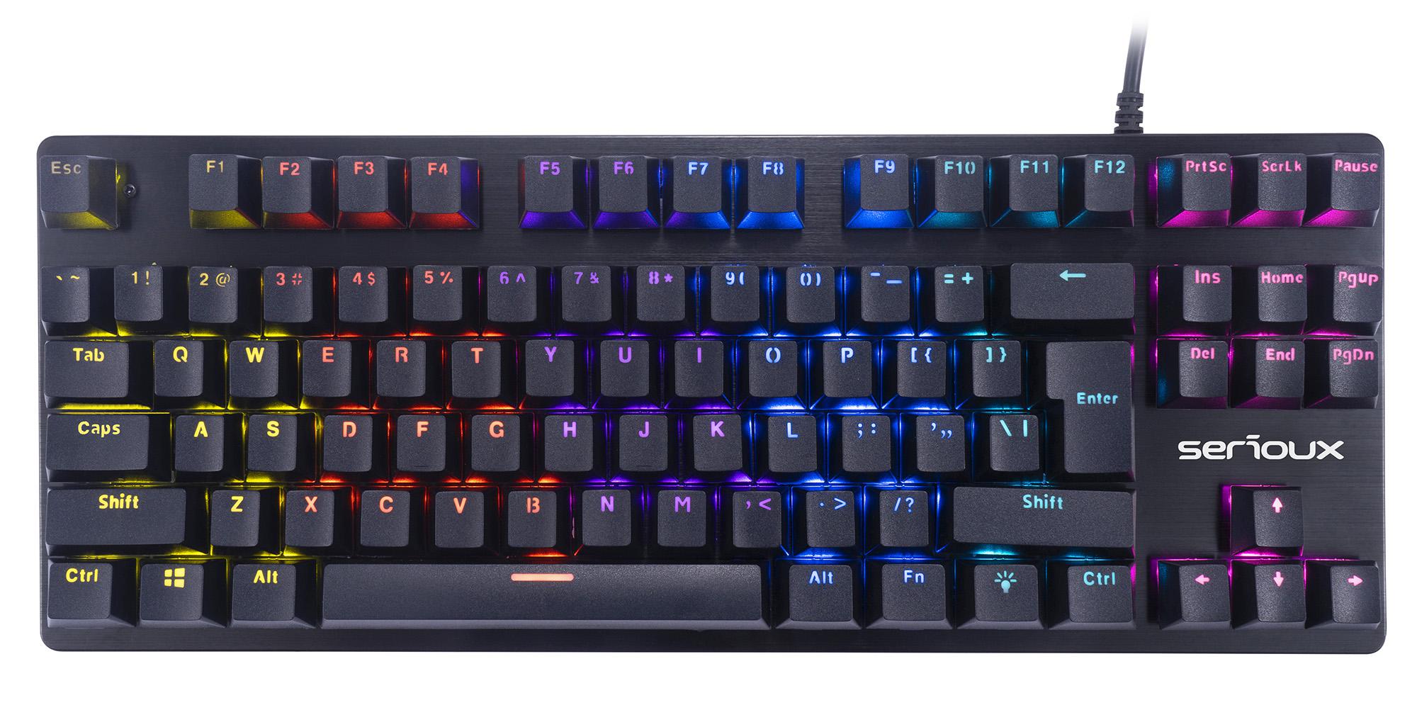 Tastatura gaming mecanica Serioux Freya, switch OUTEMU blue, pana la 50 milioane click-uri, 87 taste, 26 taste Anti-ghosting , 9 moduri de iluminare rainbow, material: ABS, layout US, palm rest de piele detasabil,  forta actionare: 60g ± 10g, plug and play , greutate: 780g ± 20g, cablu USB 1.5M PVC