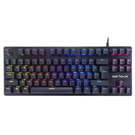 Tastatura gaming mecanica Serioux Freya, switch OUTEMU blue, pana la 50 milioane click-uri, 87 taste, 26 taste Anti-ghosting , 9 moduri de iluminare rainbow, material: ABS, layout US, palm rest de piele detasabil,  forta actionare: 60g ± 10g, plug and play , greutate: 780g ± 20g, cablu USB 1.5M PVC