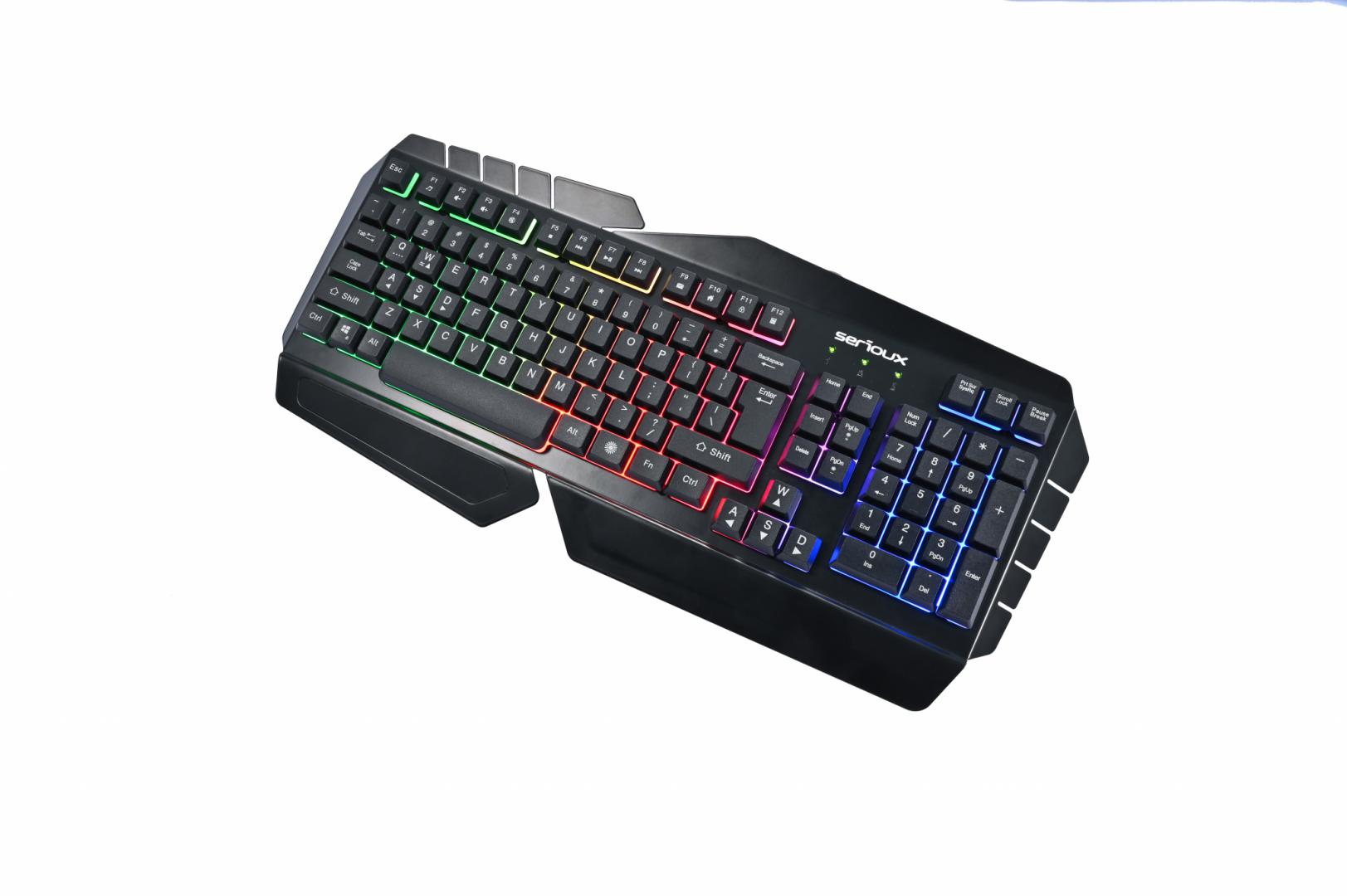 Tastatura gamig Serioux Andor, 104 taste, 19 taste Anti-ghosting , design ergonomic, iluminare rainbow, structura metalica neagra, taste negre, design cu palm rest, cablu USB 1.5M PVC, plug and play, compatibila cu Windows 2000/XP/9X/VISTA/7/8/10