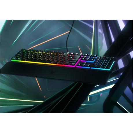 Tastatura Razer Ornata V3 - Low Profile Gaming  TECH SPECS SWITCH TYPE Razer™ Mecha-Membrane Switches APPROXIMATE SIZES Full Size LIGHTING 10 Razer Chroma™ RGB Lighting Zones WRIST REST Yes ONBOARD MEMORY None MEDIA KEYS Dedicated Media Controls PASSTHROUGH None CONNECTIVITY Wired - Attached KEYCAPS