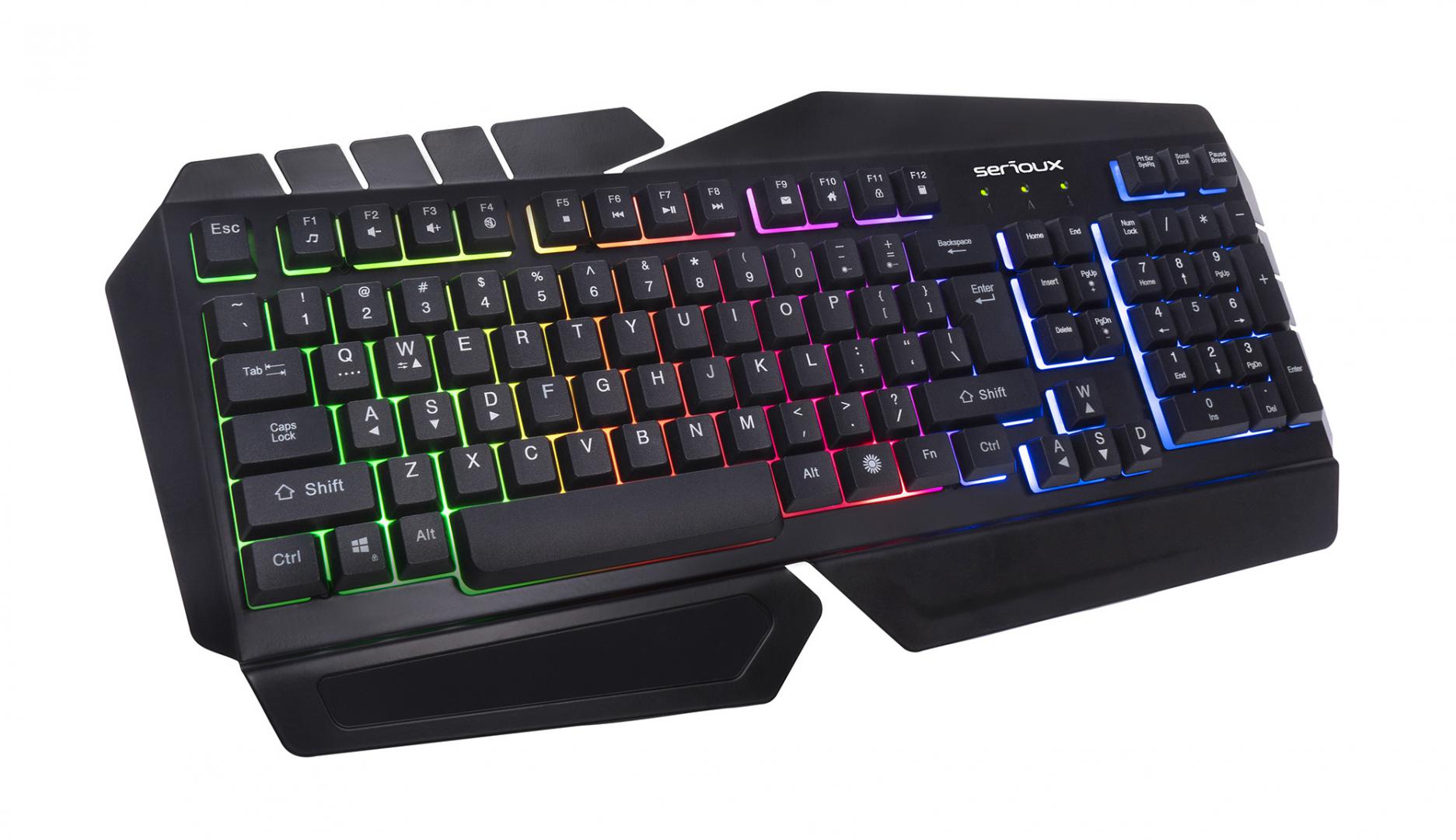 Tastatura gamig Serioux Andor, 104 taste, 19 taste Anti-ghosting , design ergonomic, iluminare rainbow, structura metalica neagra, taste negre, design cu palm rest, cablu USB 1.5M PVC, plug and play, compatibila cu Windows 2000/XP/9X/VISTA/7/8/10