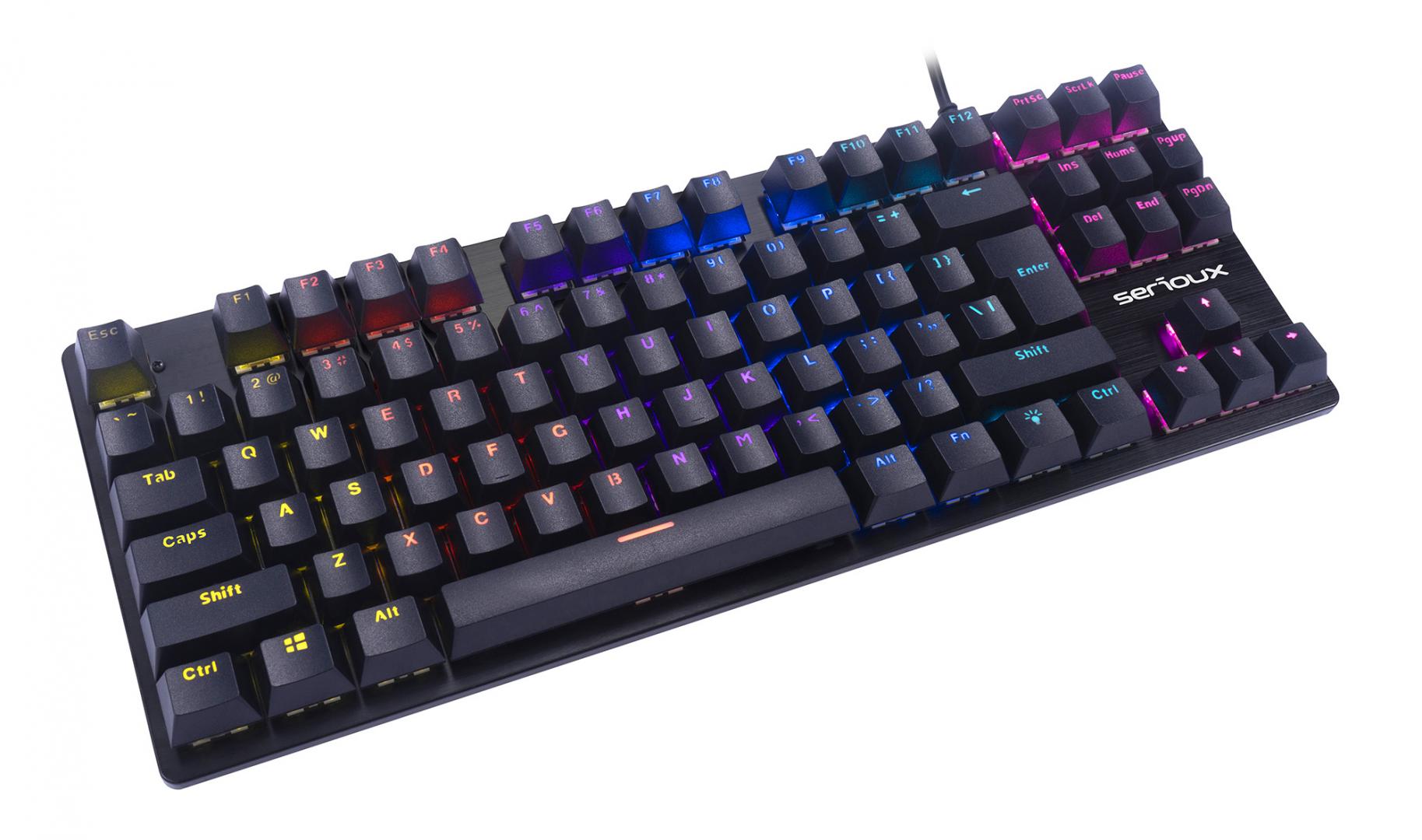 Tastatura gaming mecanica Serioux Freya, switch OUTEMU blue, pana la 50 milioane click-uri, 87 taste, 26 taste Anti-ghosting , 9 moduri de iluminare rainbow, material: ABS, layout US, palm rest de piele detasabil,  forta actionare: 60g ± 10g, plug and play , greutate: 780g ± 20g, cablu USB 1.5M PVC
