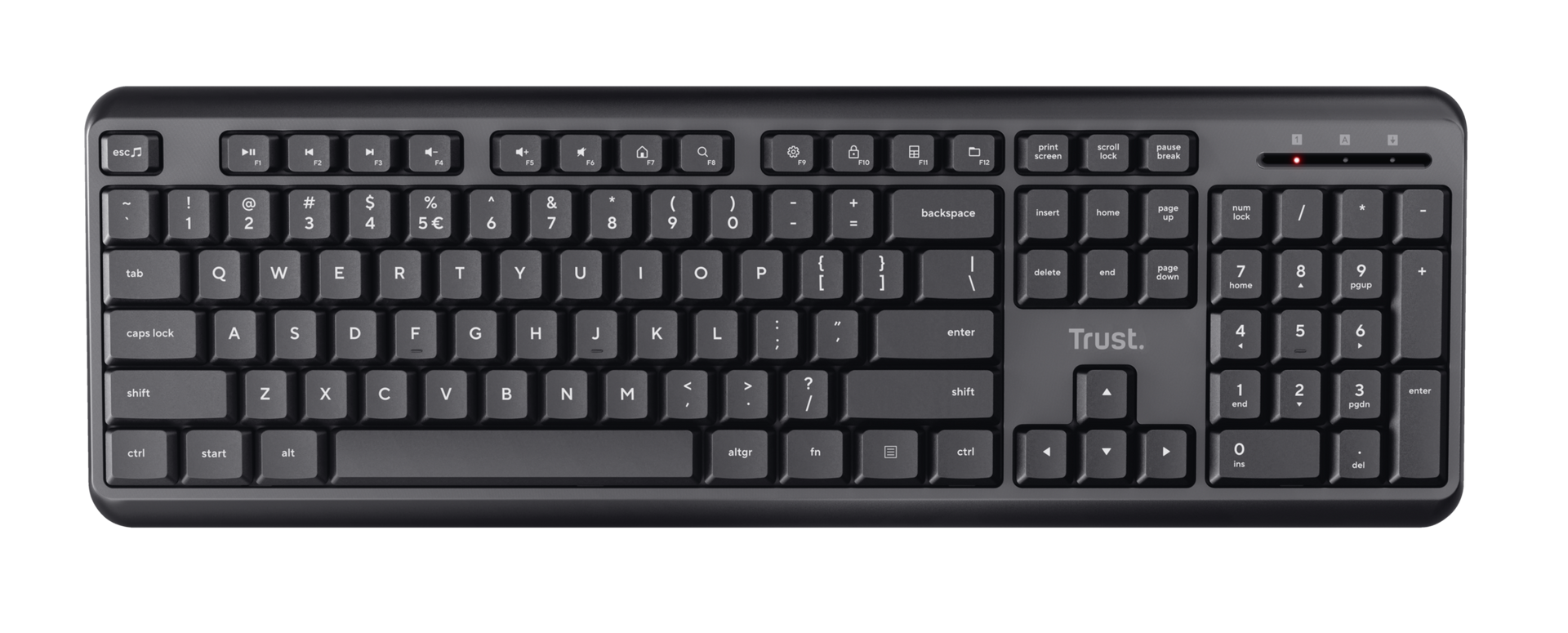 Tastatura wireless Trust Ody, cu taste silentioase, cu functie de power saving, rezistenta la stropire, conectare tip USB-A 2.0, acopererie pana la 10m, include 2 baterii, compatibila PC/Laptop (Windows, MacOS, Chrome OS), negru