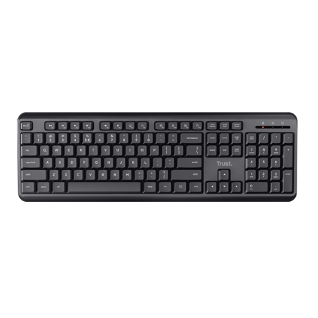 Tastatura wireless Trust Ody, cu taste silentioase, cu functie de power saving, rezistenta la stropire, conectare tip USB-A 2.0, acopererie pana la 10m, include 2 baterii, compatibila PC/Laptop (Windows, MacOS, Chrome OS), negru